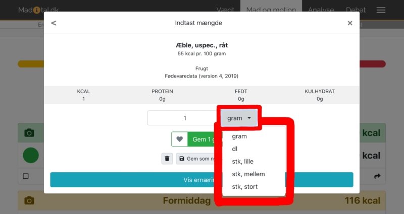 Skærmbillede: Vælg iblandt de mængder ved madvarerne