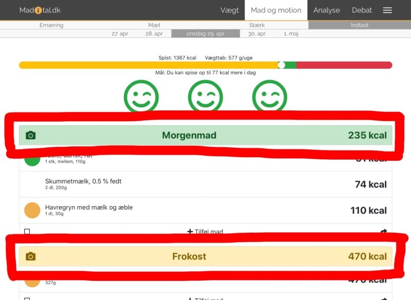 Skærmbillede: Dine måltider en enten gule eller grønne