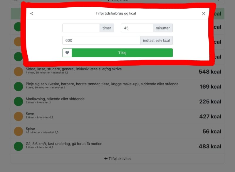 Skæmbillede: Udfyld felterne med timer, minutter og kcal