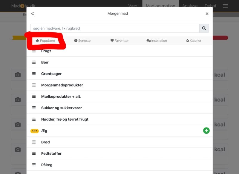 Skærmbillede: Sådan indtaster du din mad - Trin 2