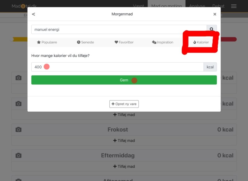 Skærmbillede: Sådan indtaster du kalorier direkte - Trin 1