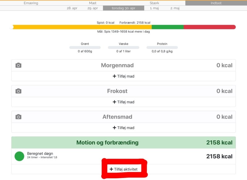 Skærmbillede: Sådan indtaster du dagens motion - Trin 1