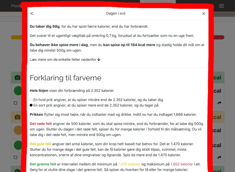 Skærmbillede: Forklaring af kalorielinjen (din samlede forbrænding) ved vægttab