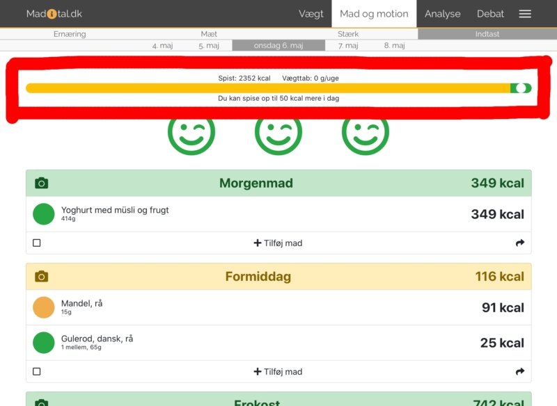 Skærmbillede: Kalorielinjen ved vægtvedligehold