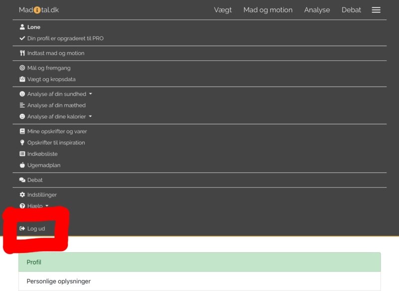 Skærmbillede: Sådan logger du ud af Madital