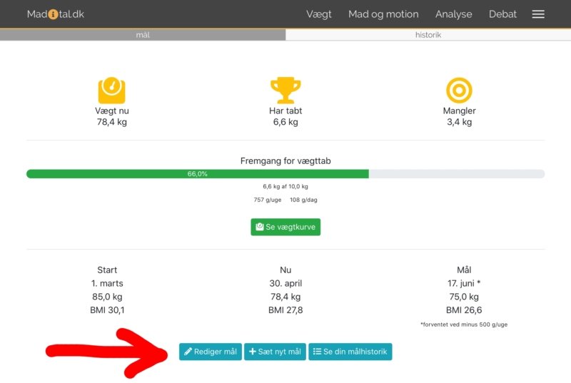 Skærmbillede: Sådan ændrer du dit mål til vægtvedligehold