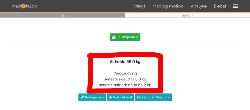Skærmbillede: Sådan ser det ud, når du har indstillet dit mål til vægtvedligehold