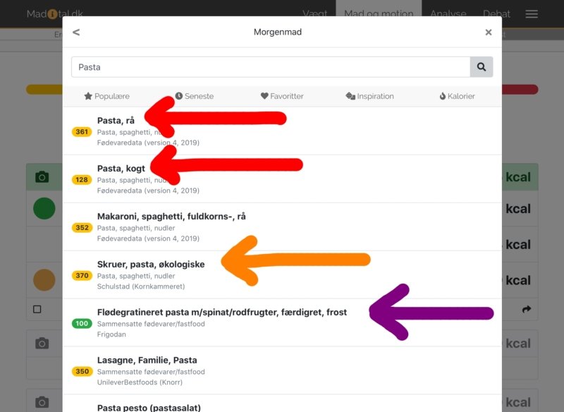 Skærmbillede: Søgning af fødevarer med en rød, orange og lilla markering
