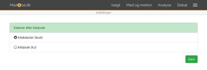 Skærmbillede: Sådan skifter du imellem kcal og kj