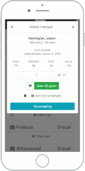 Eksempel på hvordan Madital husker de mængder, du indtaster, til næste gang, du spiser det samme.