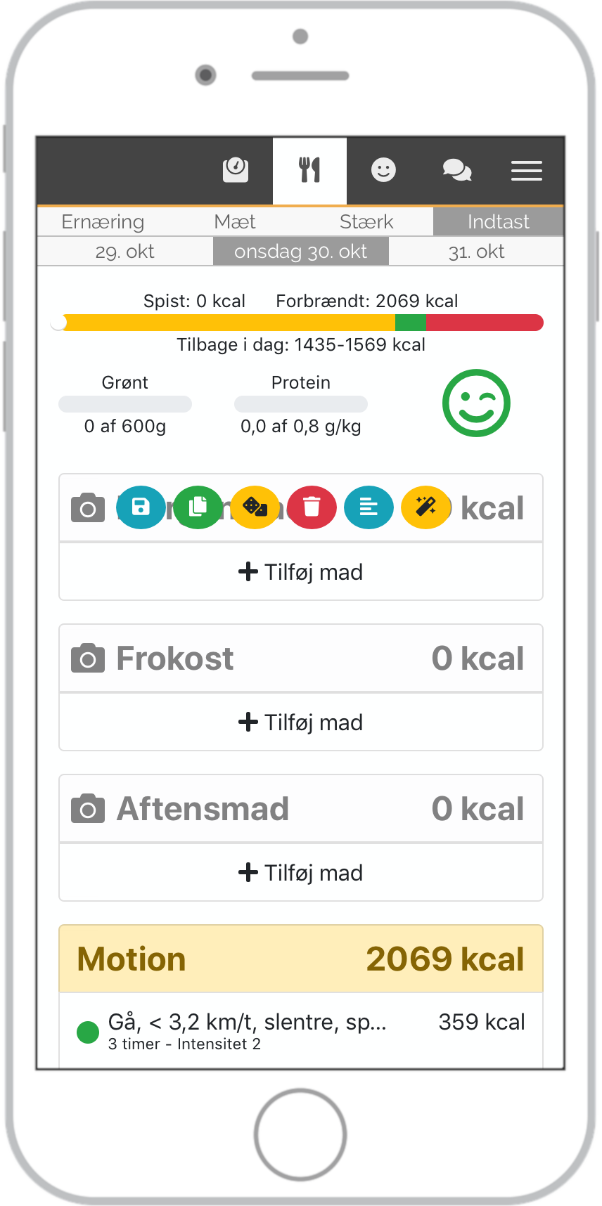 Eksempel på hvordan du kopirer dine madindtastninger fra dagen før.