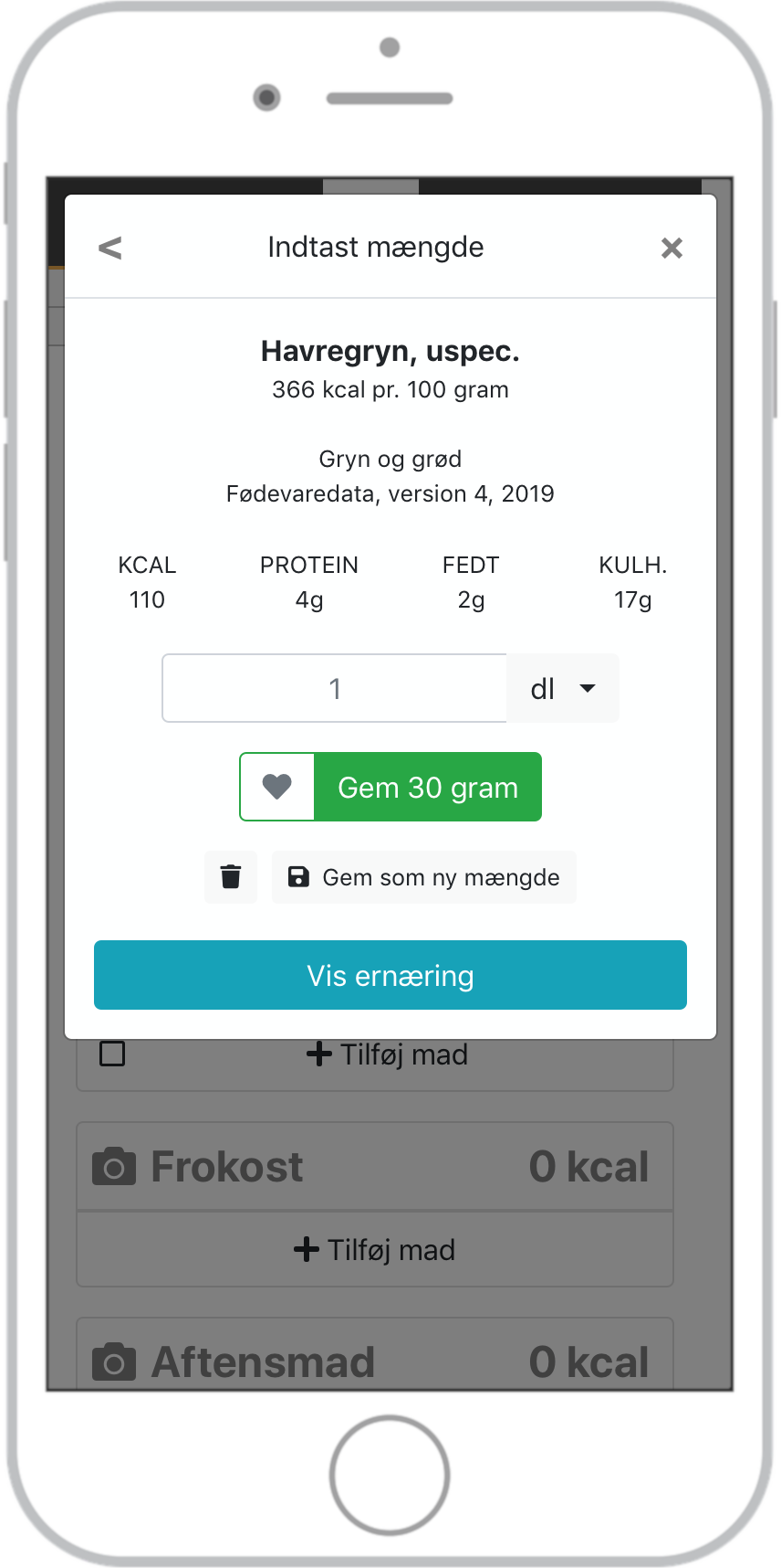 Eksempel på hvordan Madital husker de mængder, du indtaster, til næste gang, du spiser det samme.