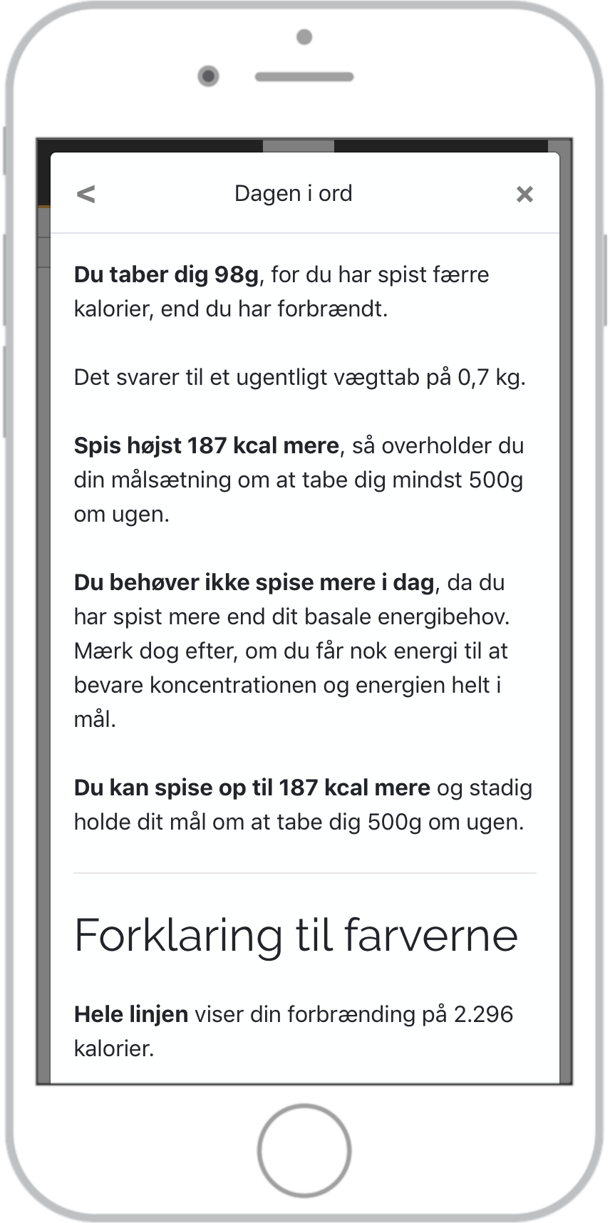 Skærmbillede af mere info om kalorielinjen.