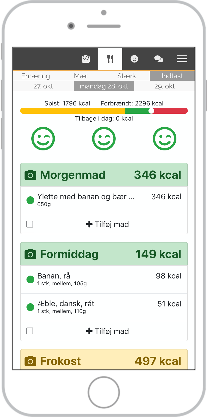 Skærmbillede af kalorielinjen og grænsen imellem grøn og rød