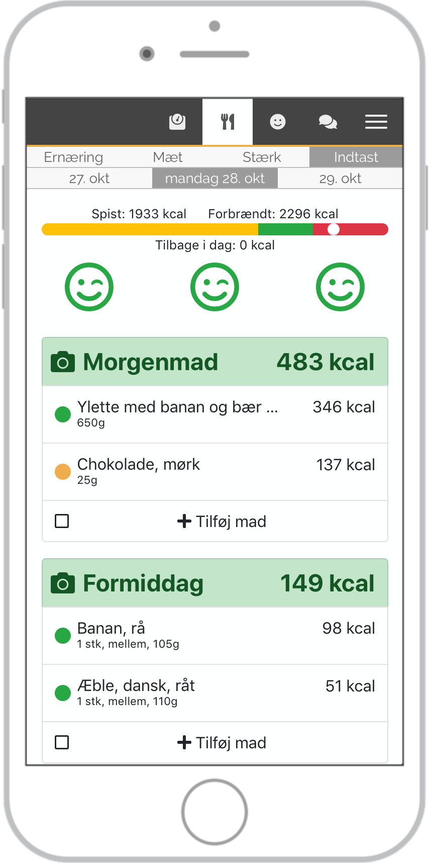 Skærmbillede af kalorielinjens røde felt - hvor du spiser for mange kalorier.
