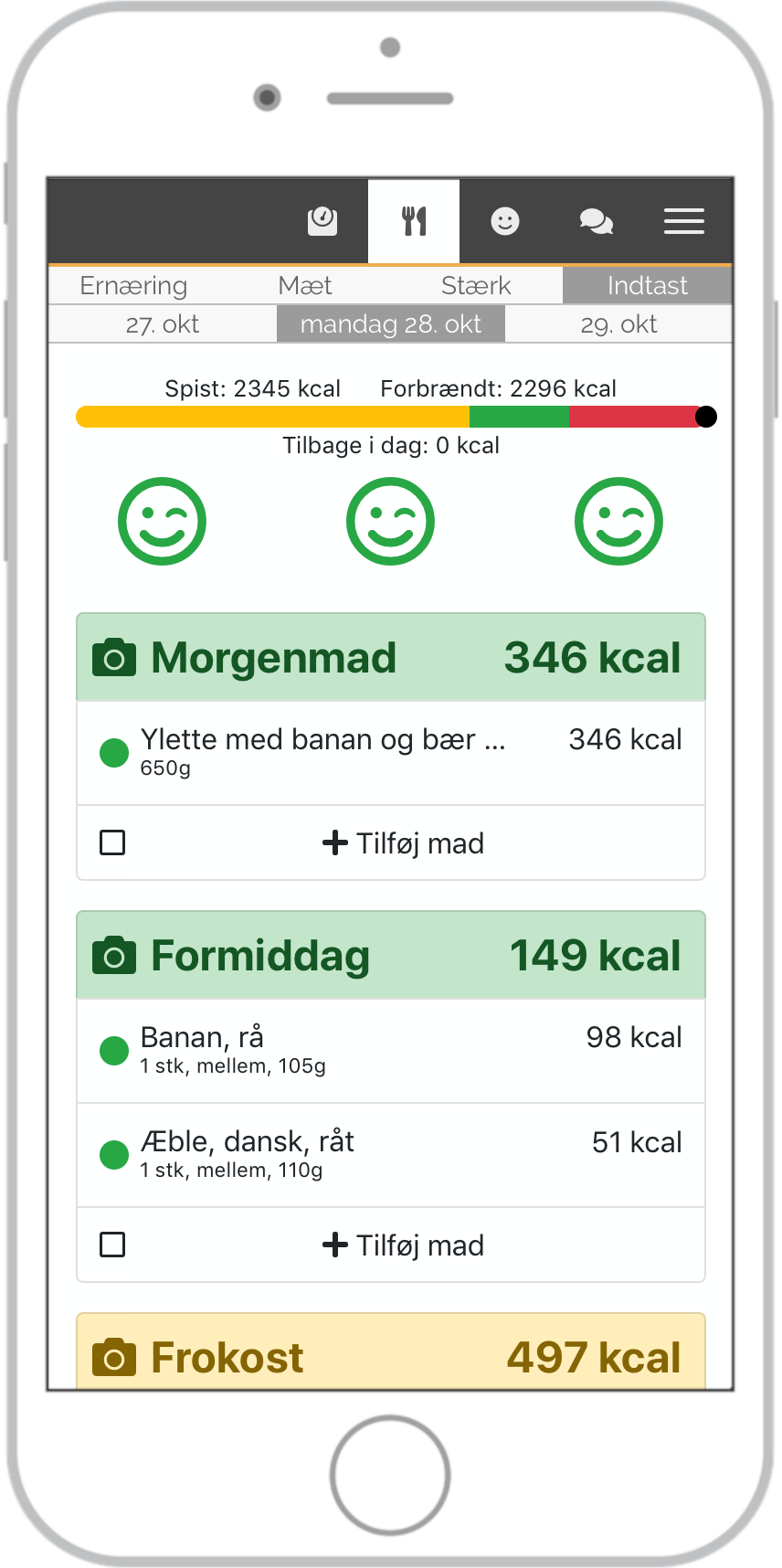 Skærmbillede af når prikken for kalorieindtag bliver sort