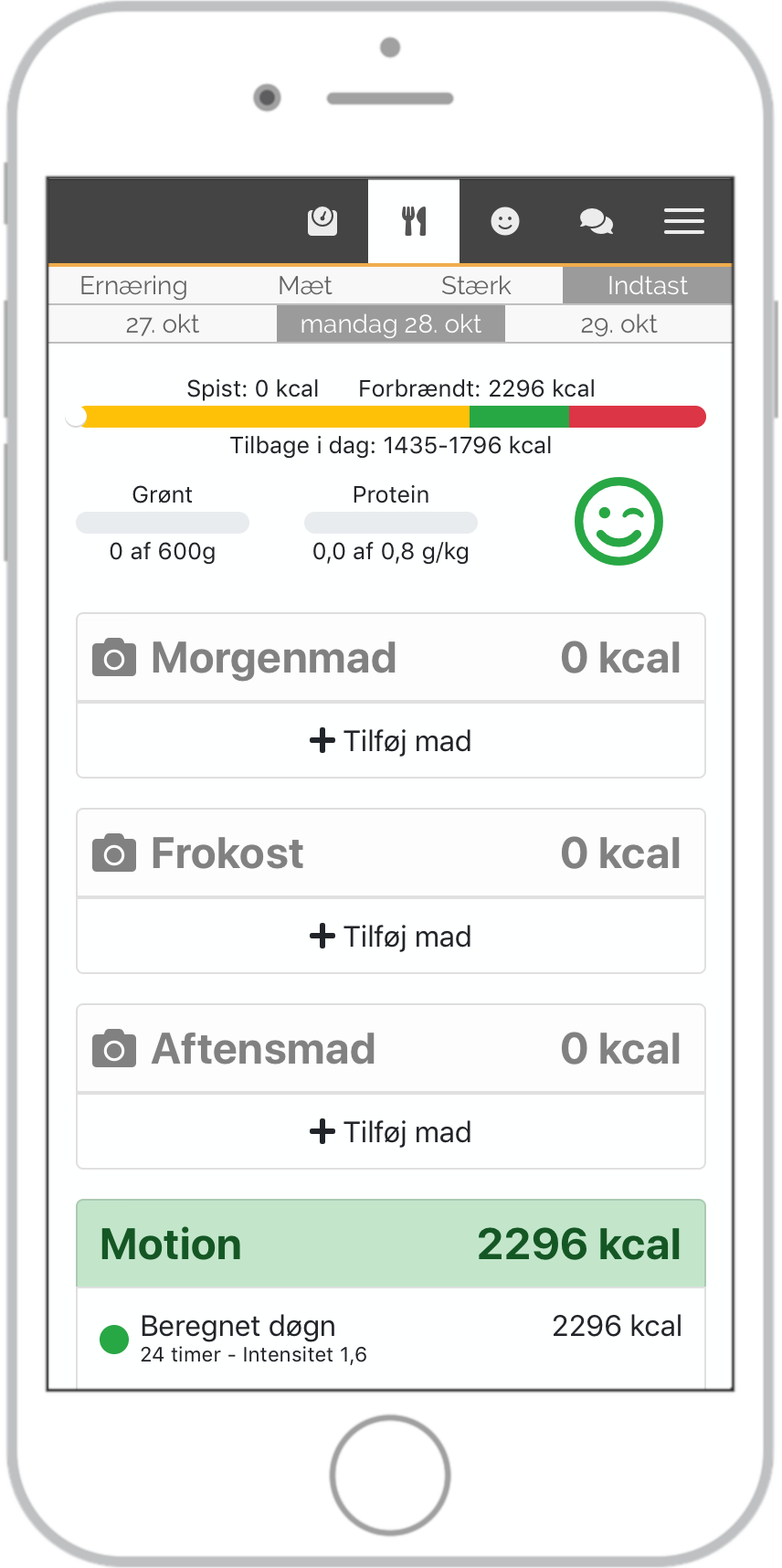 Skærmbillede af kalorielinjen uden madindtastninger.