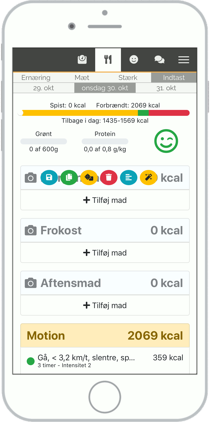 Eksempel på hvordan du kopirer dine madindtastninger fra dagen før.