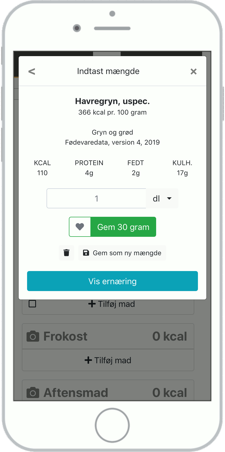 Eksempel på hvordan Madital husker de mængder, du indtaster, til næste gang, du spiser det samme.