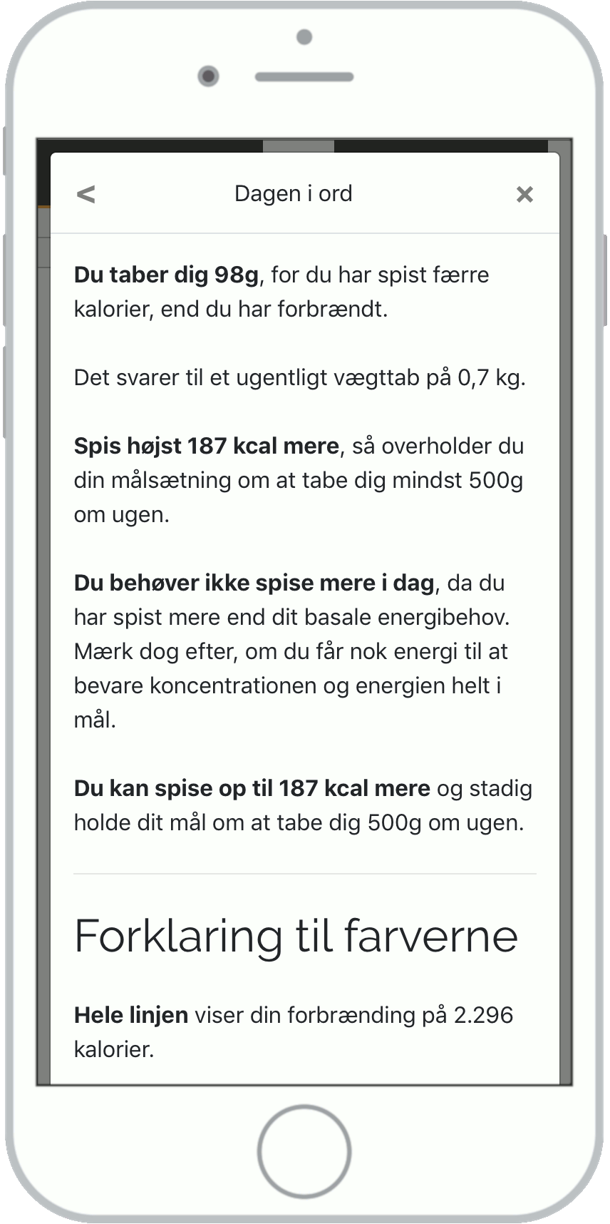 Skærmbillede af mere info om kalorielinjen.