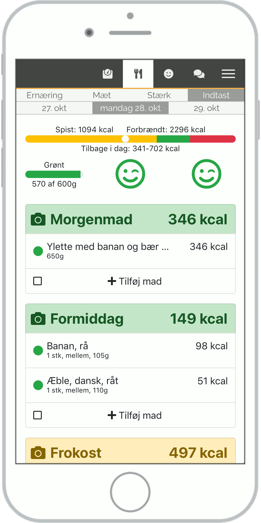 Skærmbillede af kalorielinjens gule felt - hvor du spiser for få kalorier.