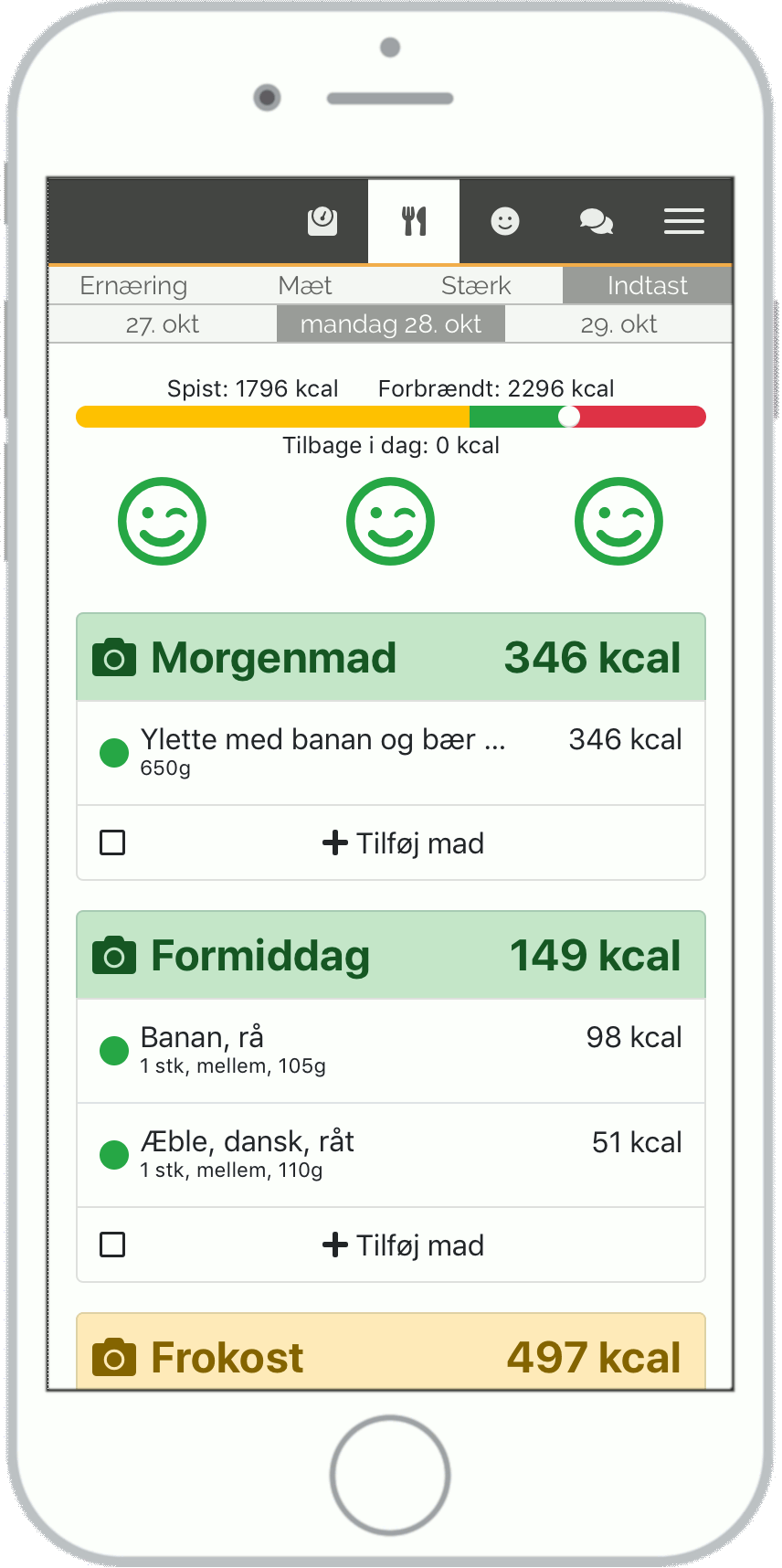 Skærmbillede af kalorielinjen og grænsen imellem grøn og rød