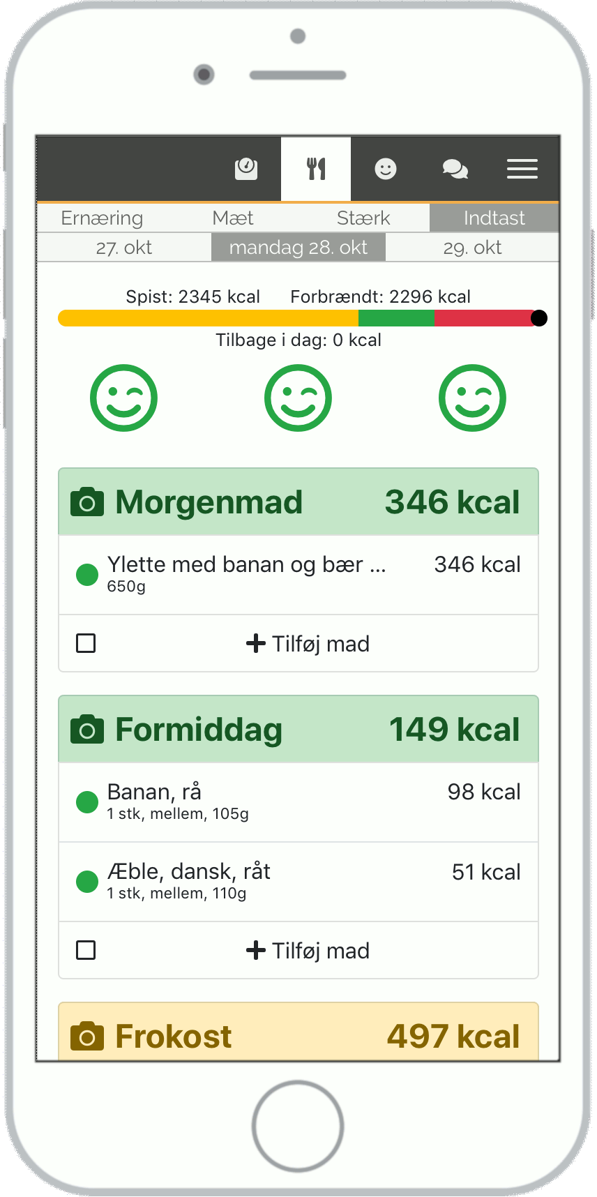 Skærmbillede af når prikken for kalorieindtag bliver sort