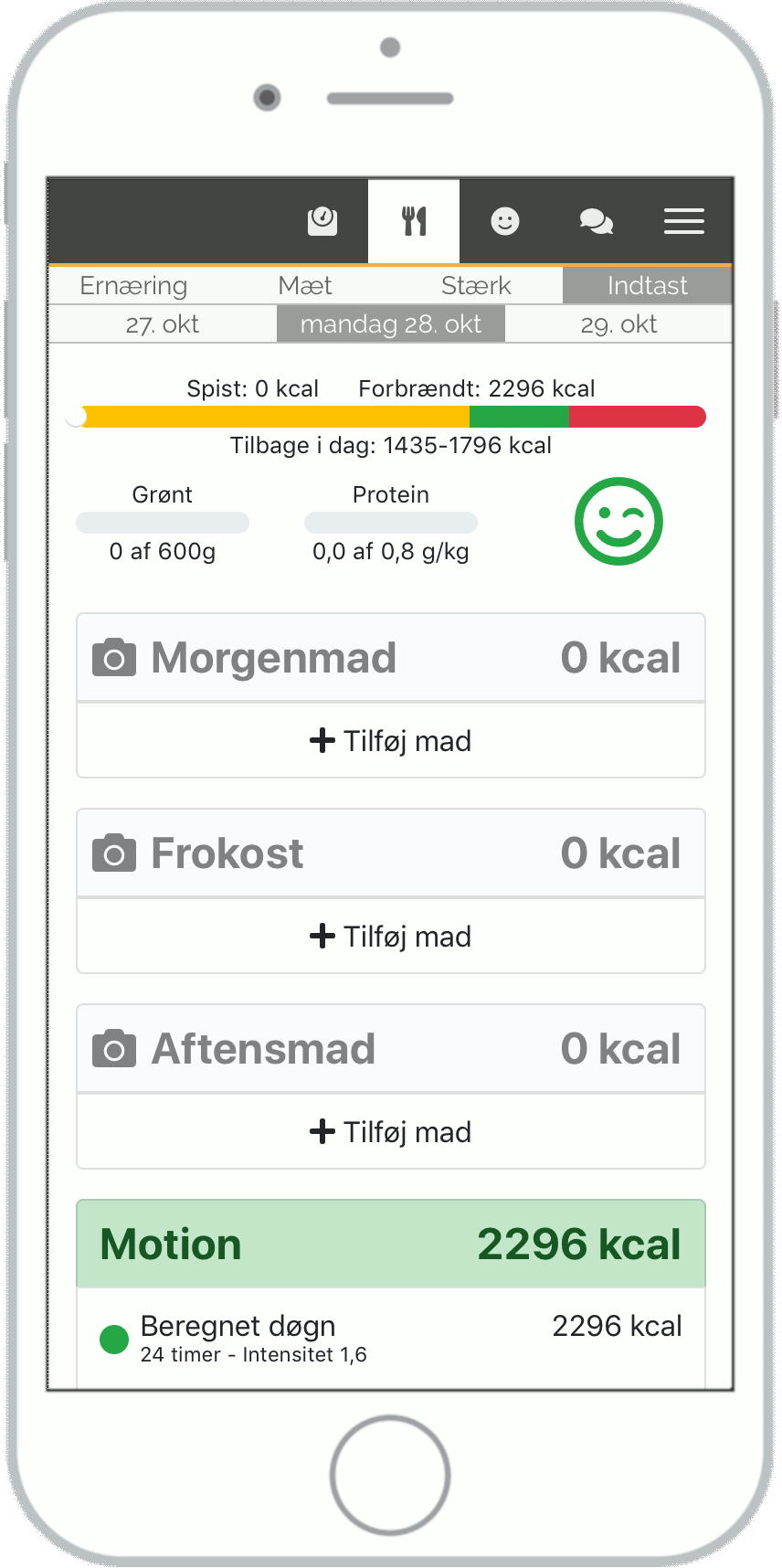 Skærmbillede af kalorielinjen uden madindtastninger.
