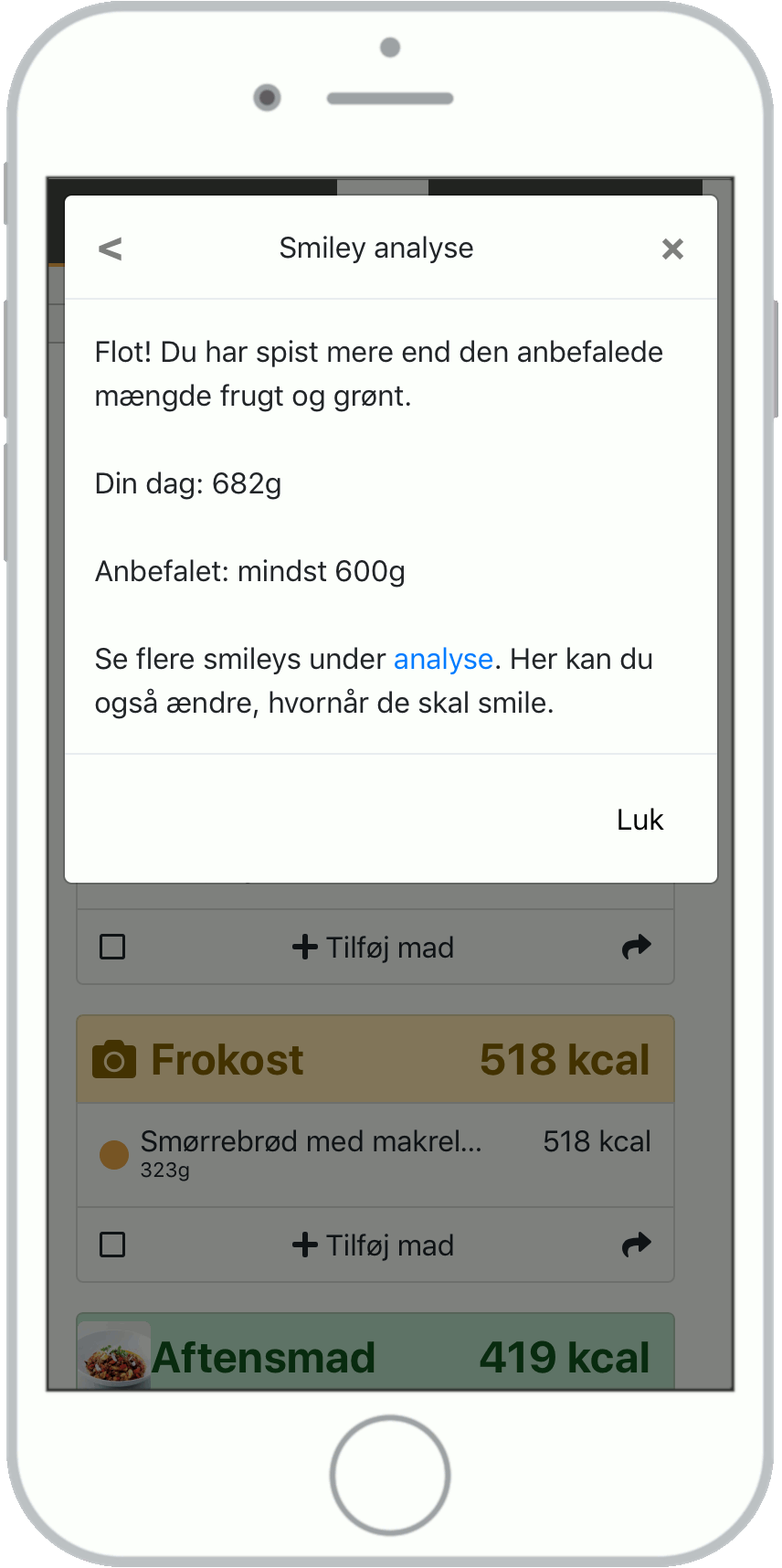 Eksempel på ekstra info, når du klikker på et smil på indtastningssiden.
