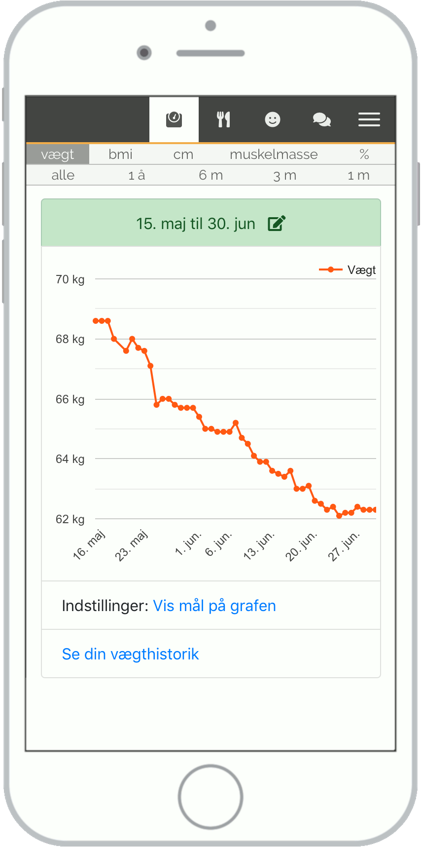 Skærmbillede af vægtkurve på Madital.dk.